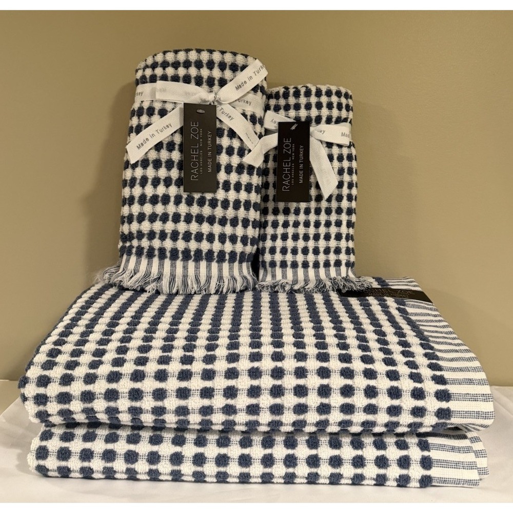 Rachel Zoe Bath Hand Towel Washcloth 6 Pc Bathroom Set Blue Check Polka Dots